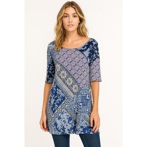Chicos Womens Blouse Tunic Size 1 Geometric Floral Blue Round Neck Short Sleeve